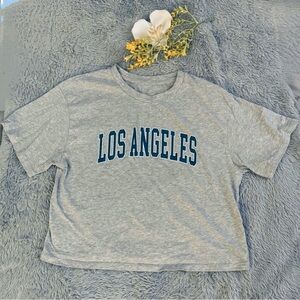 Woman’s gray slightly cropped short sleeve Los Angeles shirt